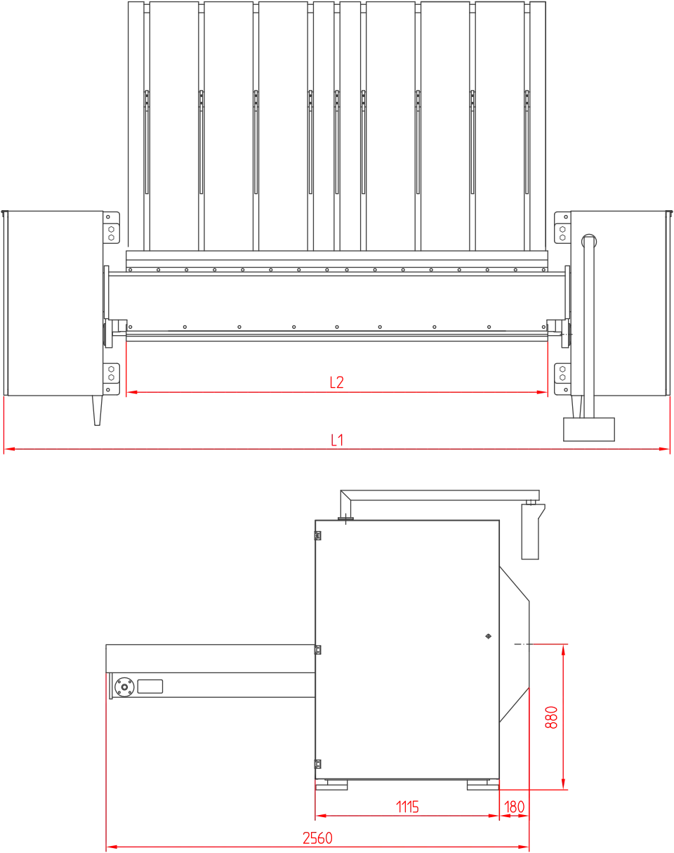 LKSP bending machine dimension drawing, top and side view